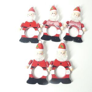 Santa Claus Napkin Rings Wooden Kitsch 1980s Vintage Set of 5 Bottle Brush Beard